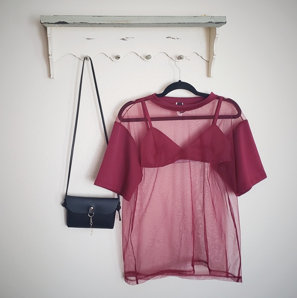 Windsor | Maroon Mesh Oversized Tee w/Matching Bra
